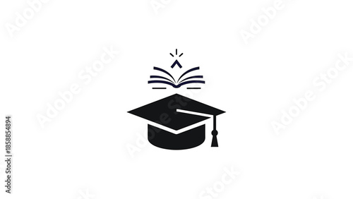 Simple black icon graduation cap beneath an open book emitting light, symbolizing knowledge and learning