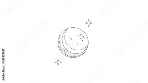 Simple outline drawing featuring a layered moon, showing crescent and full phases with craters, plus two stars