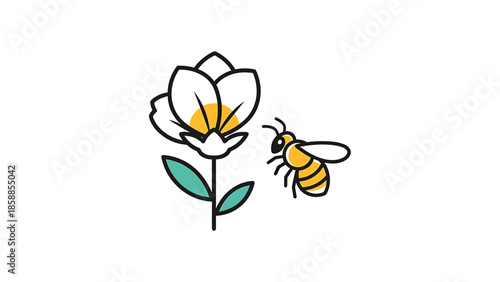 Simple cartoon illustration of a yellow-centered white flower with green leaves and a yellow striped bee on white
