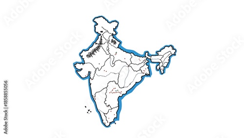 Simple outline map of a large Asian country with internal state boundaries, mountains, rivers, and marked locations