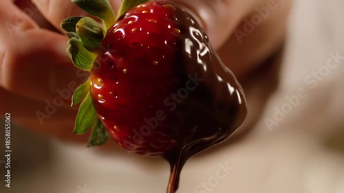 Fresh strawberry dipped in smooth dark chocolate with glossy texture and rich drip flow