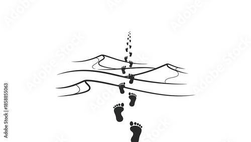 Simple vector illustration of black footprints receding over abstract desert dunes on a white background