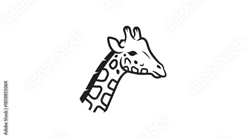 Simple, stylized black and white line art vector of a giraffe's head with spotted details on white background