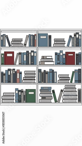 Simple vector illustration of multiple white bookshelves filled with various colored and stacked books