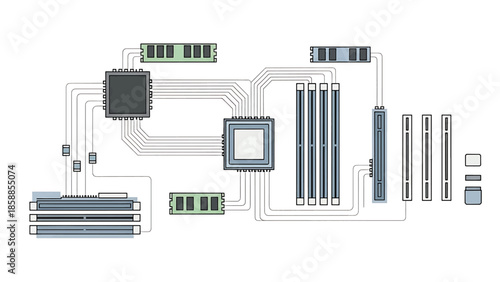 Simplified, hand-drawn illustration of computer hardware components like CPU, RAM, and expansion slots