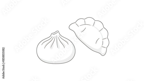 Simple vector illustration of two Asian dumplings a crescent-shaped gyoza and a round, pleated bao bun