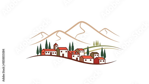 Simplified illustration of a charming village nestled on rolling hills with mountains and cypress trees