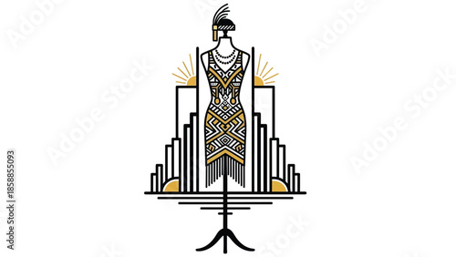 Stylized Art Deco flapper dress on a mannequin, with geometric city elements and sunburst motifs