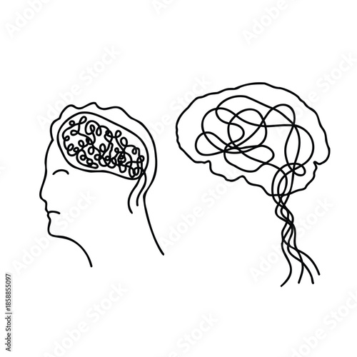 Overthinking stress concept with chaotic thoughts tangled lines and anxious mind doodle illustration