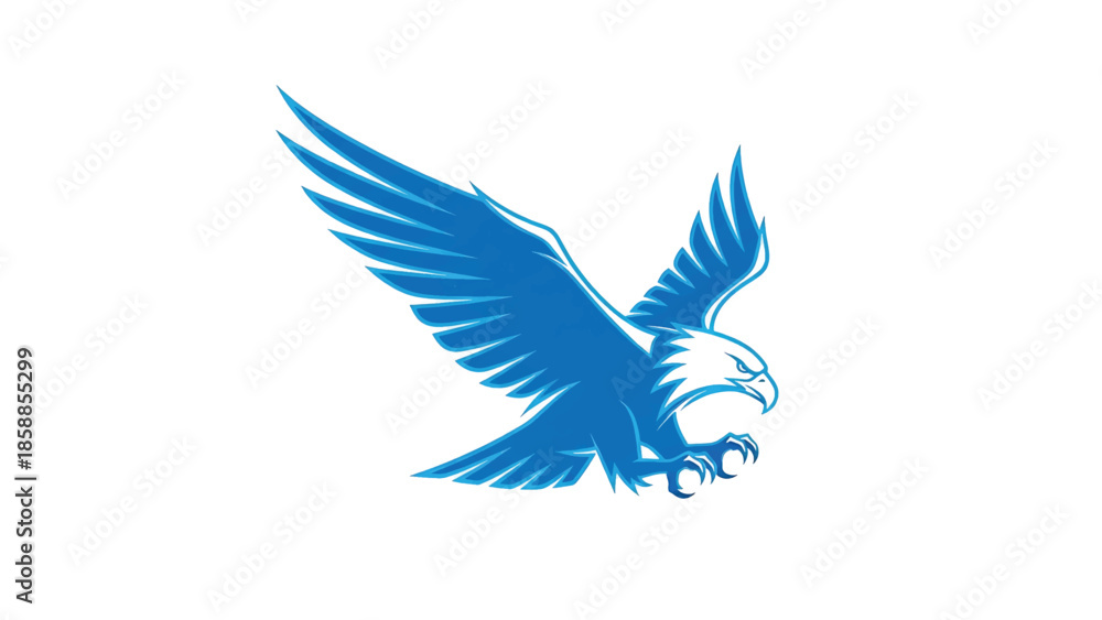 Obraz premium Stylized blue eagle with outstretched wings and sharp talons poised for action on a white background