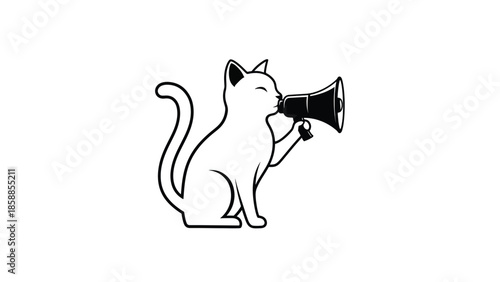 Stylized black and white outline cat holding a megaphone, making an announcement on a white background