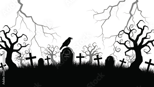 Spooky graveyard silhouette with a crow on a tombstone, twisted trees, crosses, and cracked sky