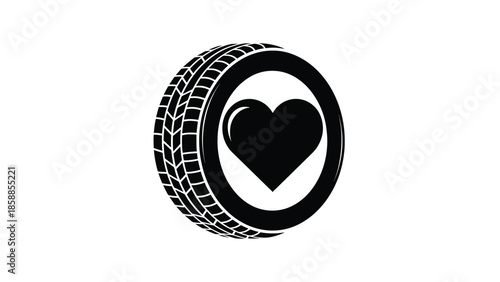 Stylized black tire graphic with a heart symbol in the middle, set against a plain white background