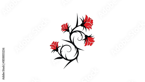 Stylized black thorny vine with four red blooming roses on a clean white background, graphic design