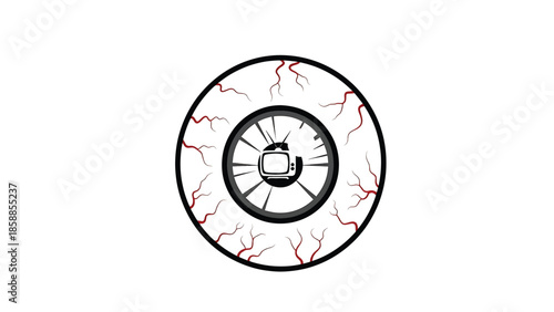 Stylized bloodshot eye with a vintage television set as the pupil, surrounded by radial spokes