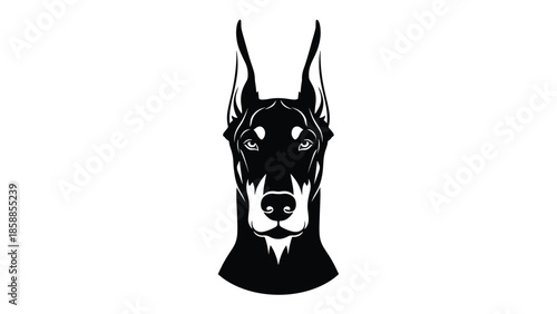 Striking black and white graphic of a dog's head with alert eyes and erect ears on a plain background