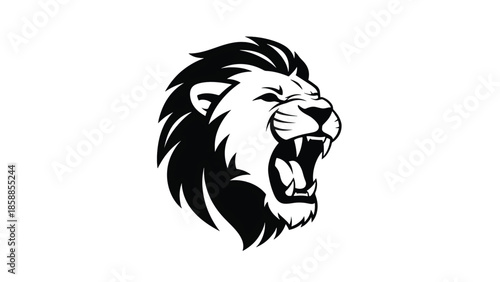 Stylized black and white roaring lion head with sharp fangs and powerful mane on a clean background