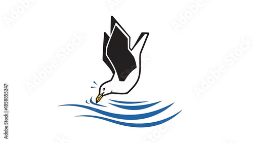 Stylized black and white seagull diving headfirst into blue water with a splash on a white background