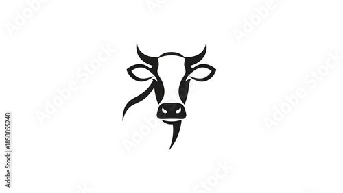 Stylized black and white vector graphic featuring the head of a cow with horns, ears, eyes, and nose