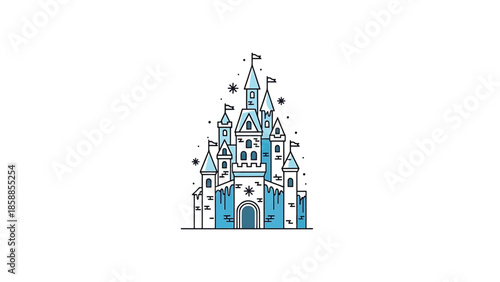 Stylized blue and white fairytale castle illustration with multiple towers, flags, and sparkling snowflake accents