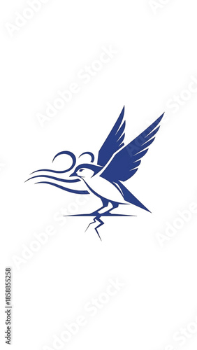 Stylized blue and white bird graphic with flowing wave elements and cracked ground details, mid-motion