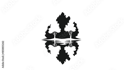 Stylized black and white vector graphic of two trees reflected in water, creating a symmetrical design