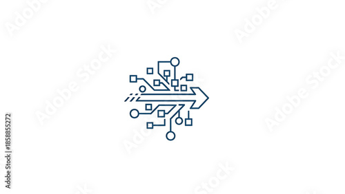 Stylized blue circuit board design forming an arrow, symbolizing technology, connection, and data flow