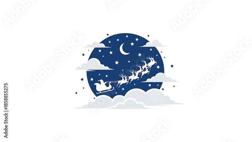 Stylized blue circle with Santa, reindeer, clouds, stars, and crescent moon flying through the night