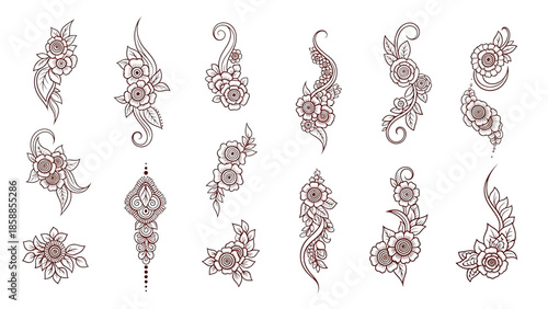 Henna tattoos ink sketch vector set. Floral leaves stems ornamental pattern skin maroon red temporary tattoo illustrations isolated on transparent background