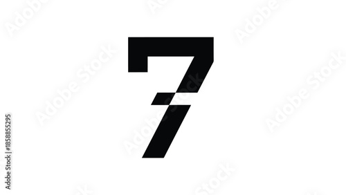 Stylized black digit seven, with a modern geometric design, isolated on a clean white background
