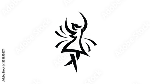 Stylized black silhouette of a graceful dancer with arms raised, creating a dynamic, energetic pose