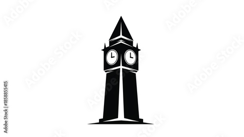 Stylized black silhouette of a grand clock tower with multiple visible clock faces against a white background