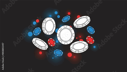 Stylized casino chips, white, red, and blue, float on a dark background with glowing red and blue orbs