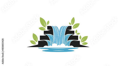 Stylized cascading waterfall with multiple tiers of rock and vibrant green leaves on a white background