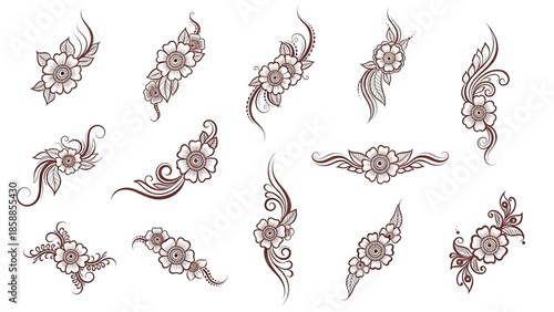 Henna tattoos ink sketch vector set. Floral leaves stems ornamental pattern skin maroon red temporary tattoo illustrations isolated on transparent background