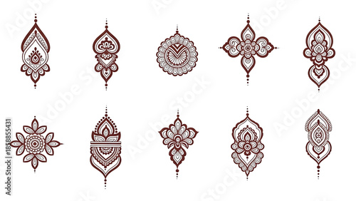 Henna tattoos ink sketch vector set. Floral leaves stems ornamental pattern skin maroon red temporary tattoo illustrations isolated on transparent background