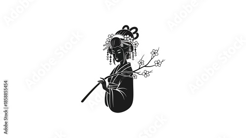 Stylized black silhouette of a woman in traditional Japanese attire with elaborate hair, holding a flowering cherry branch