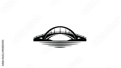 Stylized black silhouette of an arched bridge with railings, reflected in water on a white background