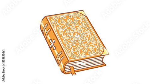 Stylized golden book with intricate white religious patterns, crosses, a dove, and shining details
