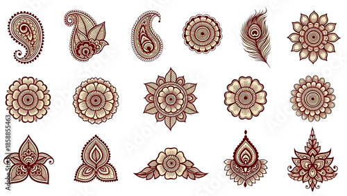 Henna tattoos ink sketch vector set. Floral leaves stems ornamental pattern skin maroon red temporary tattoo illustrations isolated on transparent background
