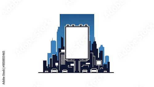 Stylized cityscape illustration with blue and dark blue buildings, a prominent blank white billboard, and cars