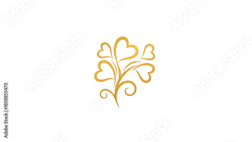 Stylized golden plant motif with heart-shaped leaves and elegant swirling tendrils on a white background