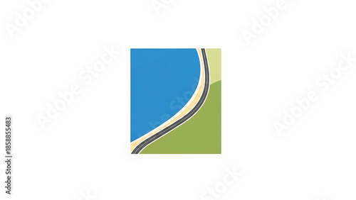 Stylized graphic featuring a blue lake, a curved road, and green land. Minimalist, abstract design