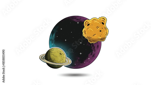 Stylized cosmic scene with a starry background, ringed planet, and a golden asteroid shaped like food