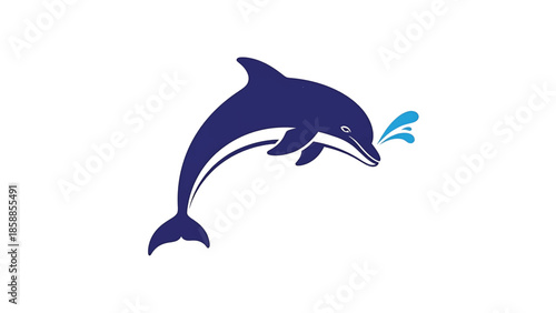 Stylized dark blue dolphin leaping with light blue water splashes on a clean white background