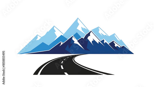 Stylized graphic illustration featuring a winding black road leading towards a majestic blue mountain range