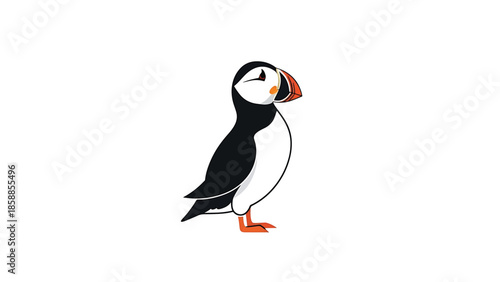 Stylized graphic illustration of a black and white puffin with an orange beak and feet, isolated on white