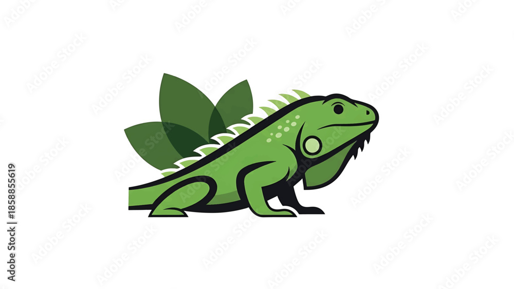 Obraz premium Stylized green lizard illustration with dark outlines and leafy spikes on a plain white background
