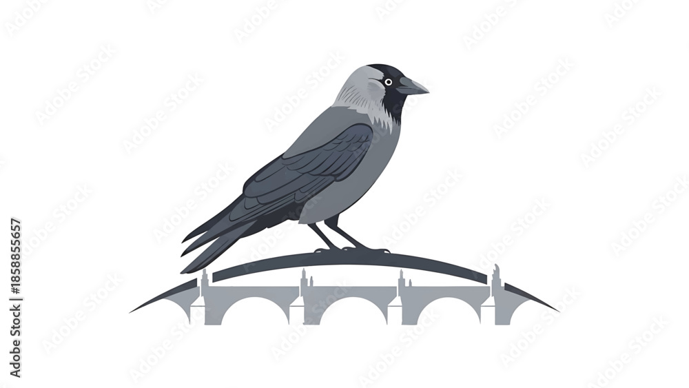 Obraz premium Stylized grey bird perched on a grey arched bridge illustration against a clean white background