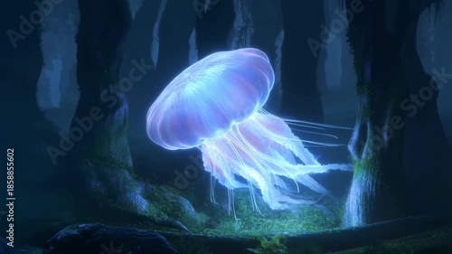 Glowing jellyfish glide tranquilly through dark underwater forest